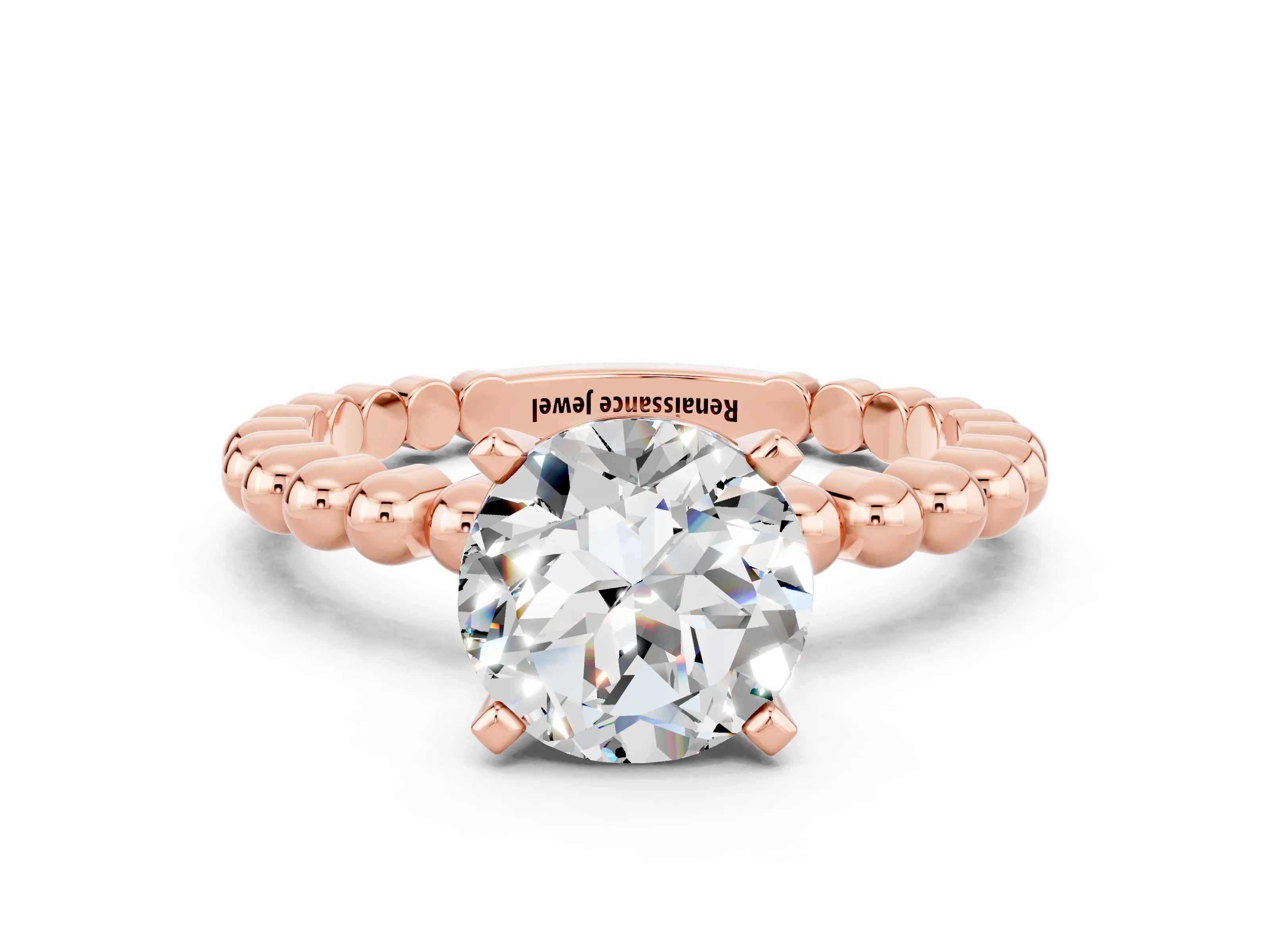 Rose gold Round Cut Moissanite Solitaire Ring with Beaded Band and Prong Setting