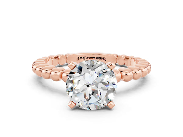 Rose gold Round Cut Moissanite Solitaire Ring with Beaded Band and Prong Setting