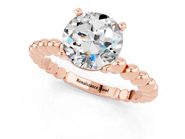 Rose gold Round Cut Moissanite Solitaire Ring with Beaded Band and Prong Setting