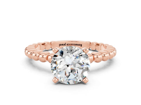 Rose gold Round Cut Moissanite Solitaire Ring with Beaded Band and Prong Setting