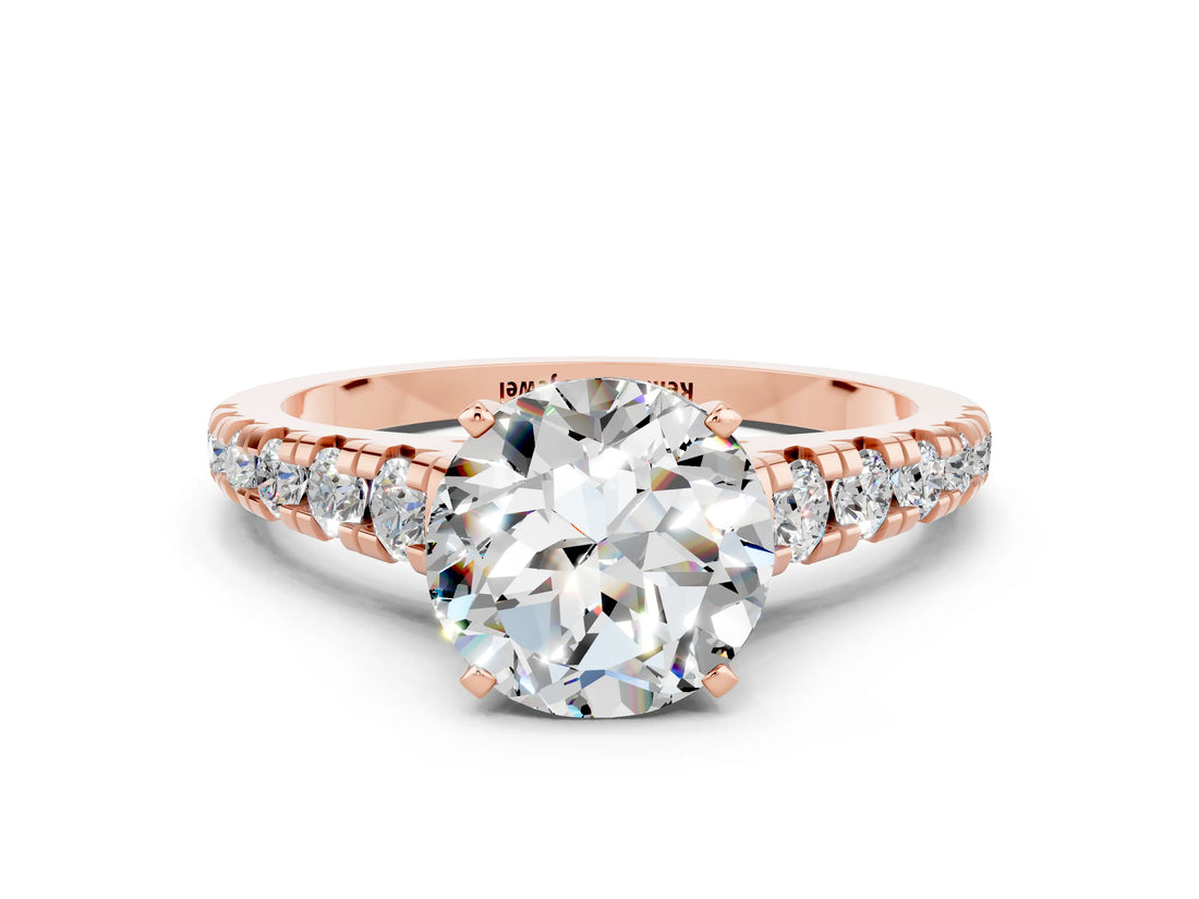 Rose gold Round Cut Moissanite Solitaire Ring with Cathedral Setting and Pavé Band