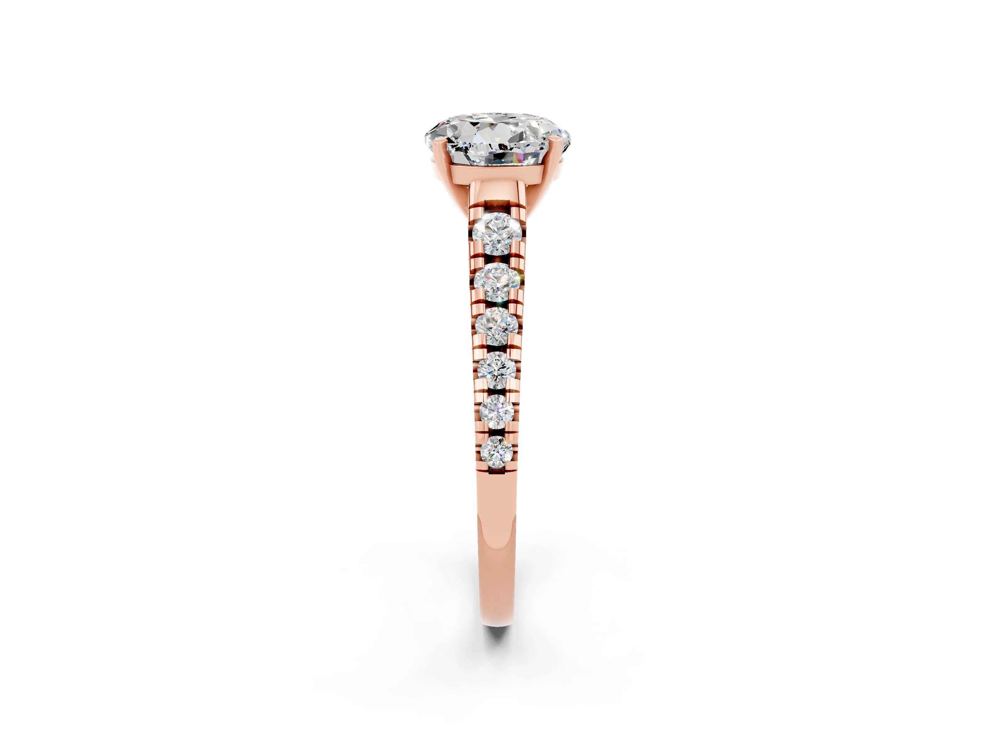 Rose gold Round Cut Moissanite Solitaire Ring with Cathedral Setting and Pavé Band_2