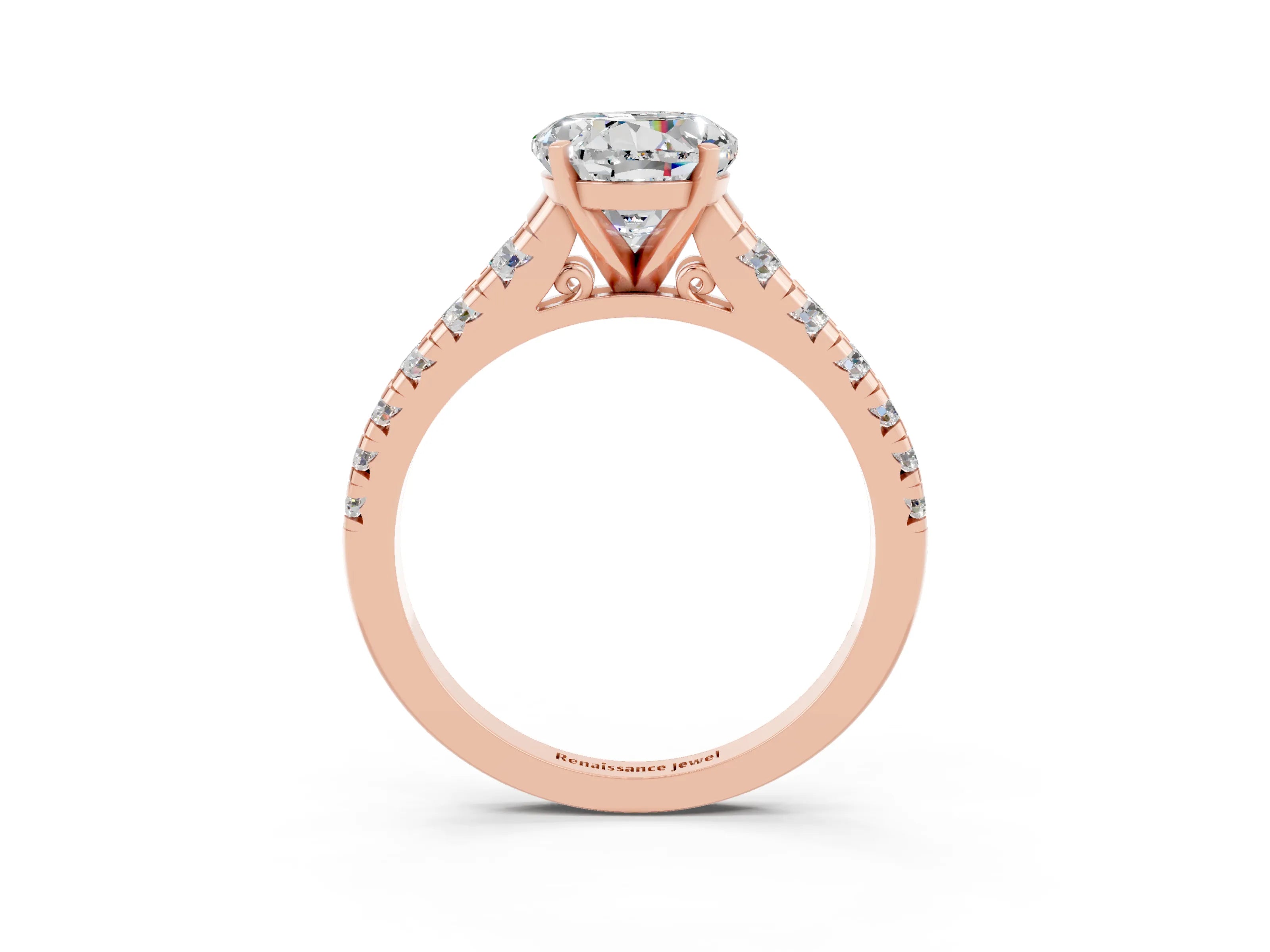 Rose gold Round Cut Moissanite Solitaire Ring with Cathedral Setting and Pavé Band_3