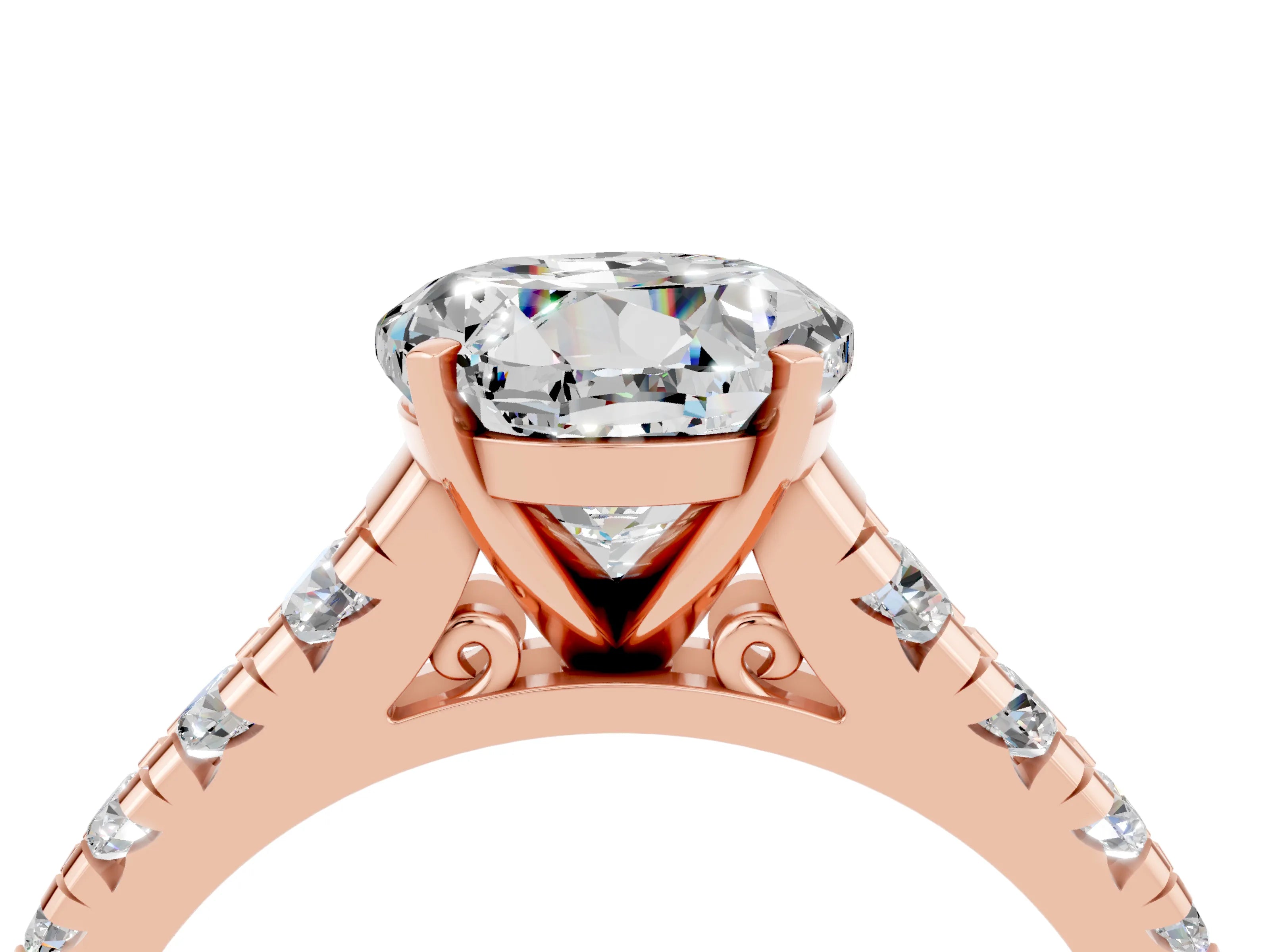 Rose gold Round Cut Moissanite Solitaire Ring with Cathedral Setting and Pavé Band_4