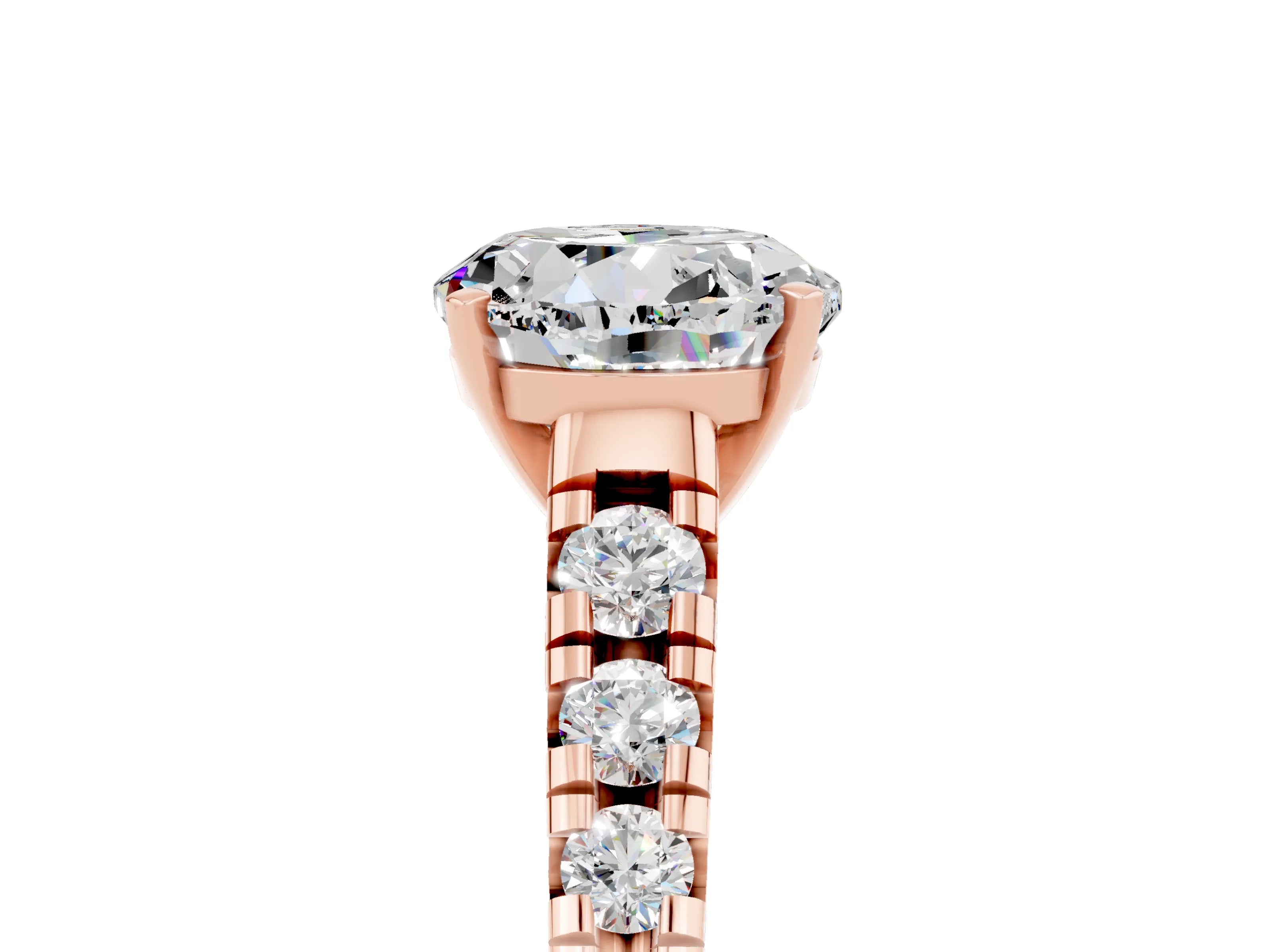 Rose gold Round Cut Moissanite Solitaire Ring with Cathedral Setting and Pavé Band_5