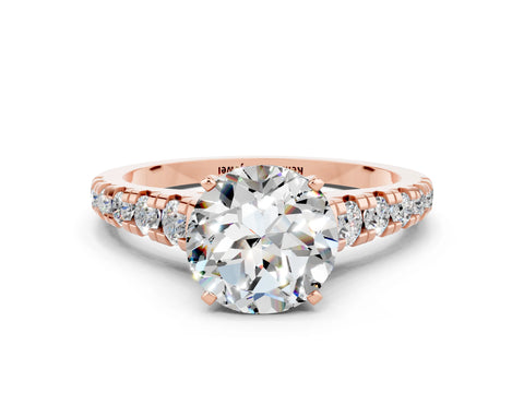 Rose gold Round Cut Moissanite Solitaire Ring with Cathedral Setting and Pavé Band