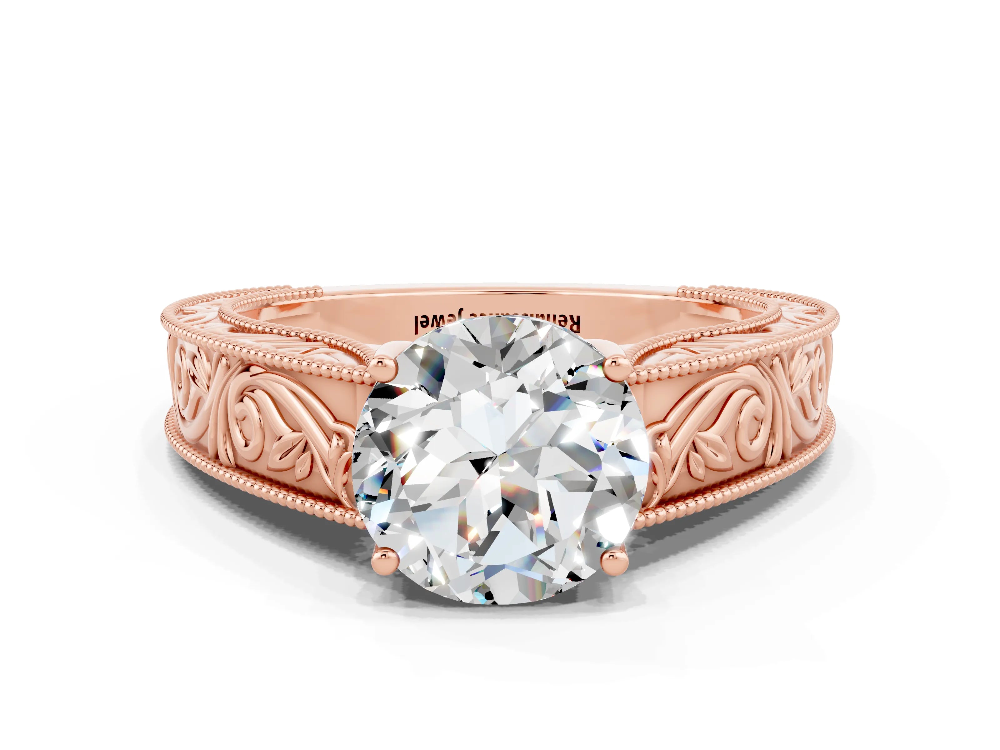 Rose gold Round Cut Moissanite Solitaire Ring with Engraved Band and Four-Prong Setting