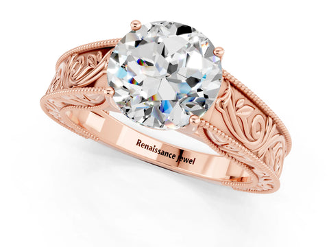 Rose gold Round Cut Moissanite Solitaire Ring with Engraved Band and Four-Prong Setting_1