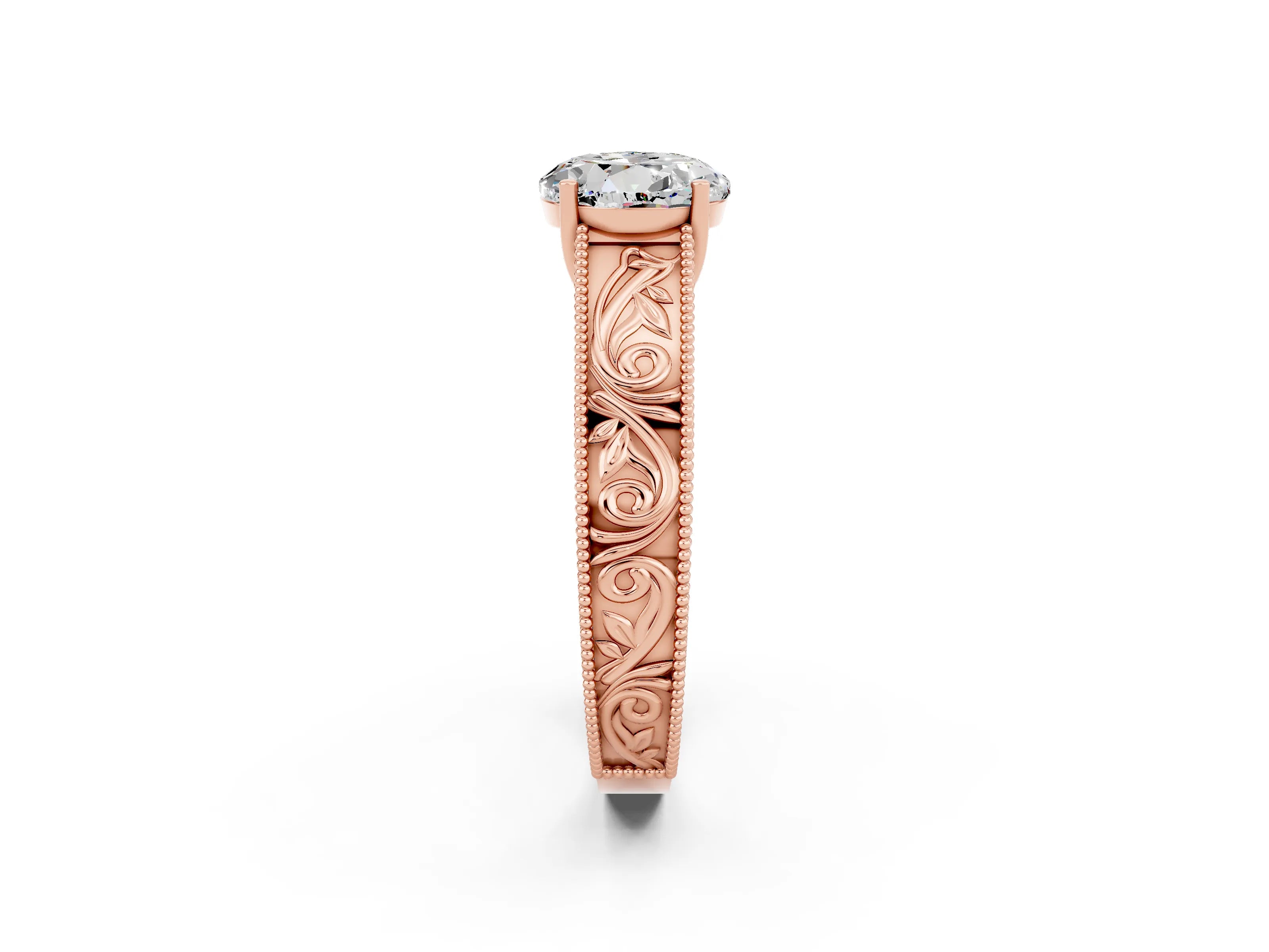 Rose gold Round Cut Moissanite Solitaire Ring with Engraved Band and Four-Prong Setting_2