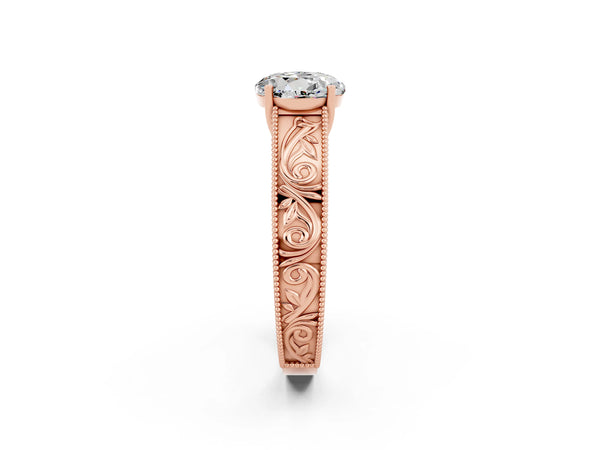 Rose gold Round Cut Moissanite Solitaire Ring with Engraved Band and Four-Prong Setting