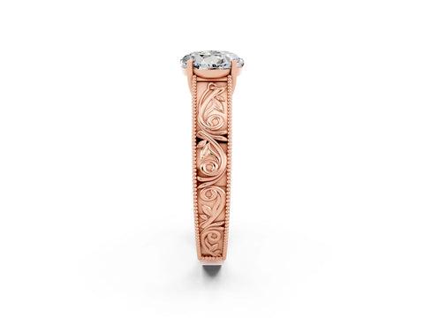 Rose gold Round Cut Moissanite Solitaire Ring with Engraved Band and Four-Prong Setting_2