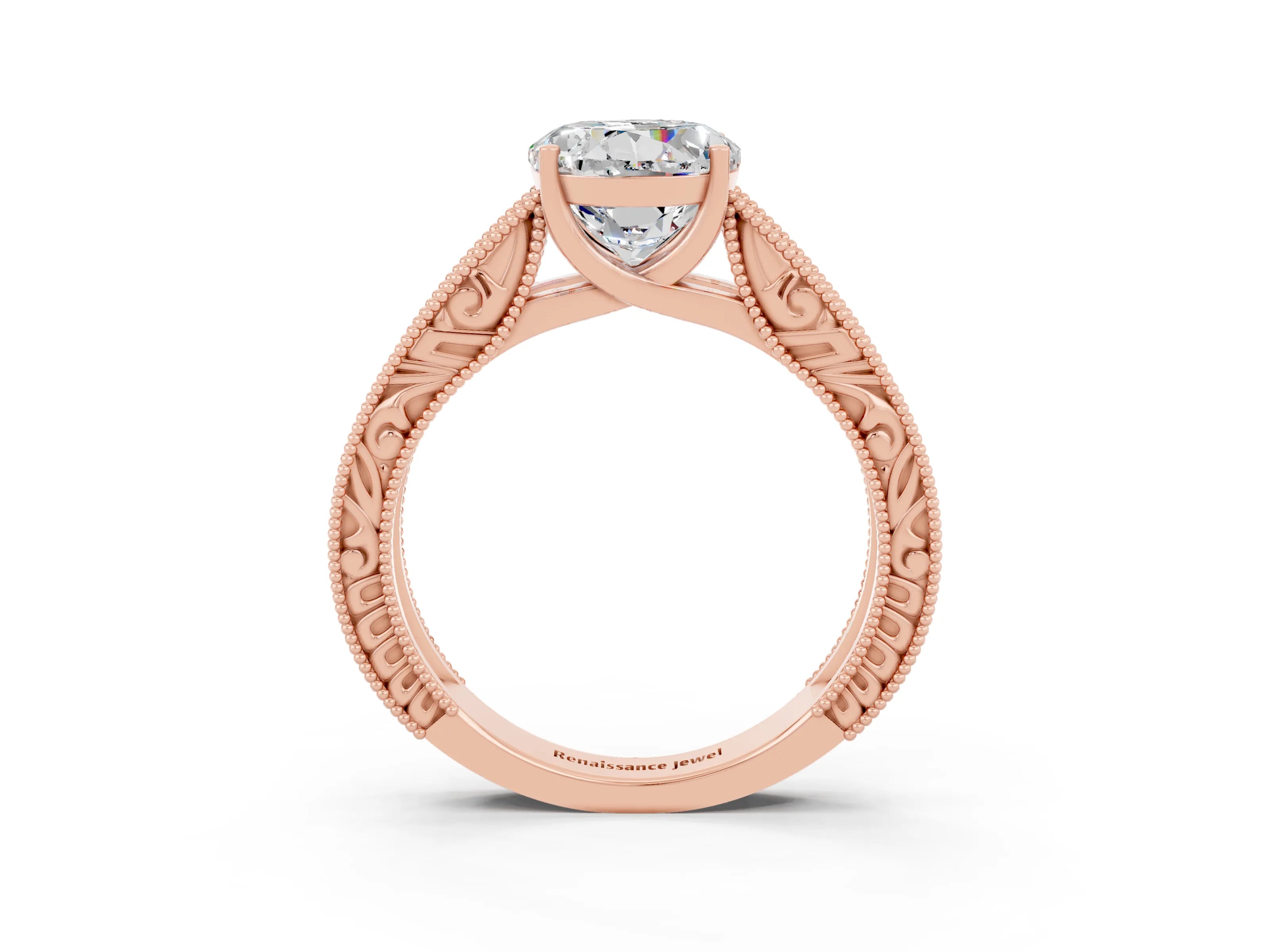 Rose gold Round Cut Moissanite Solitaire Ring with Engraved Band and Four-Prong Setting_3