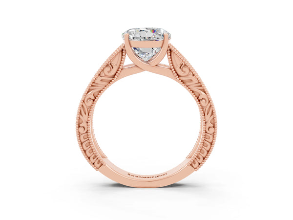 Rose gold Round Cut Moissanite Solitaire Ring with Engraved Band and Four-Prong Setting