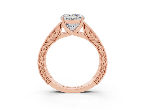 Rose gold Round Cut Moissanite Solitaire Ring with Engraved Band and Four-Prong Setting_3
