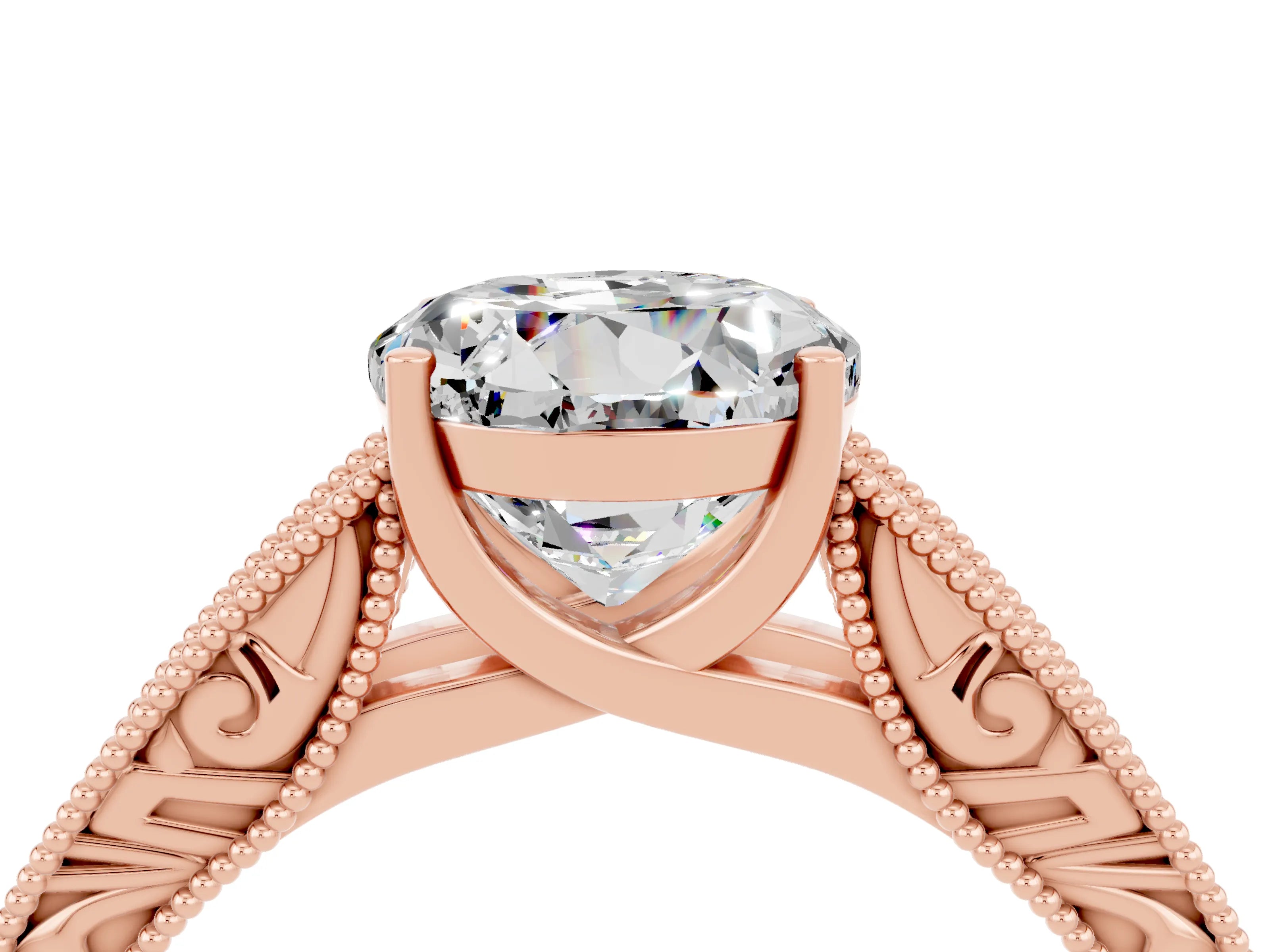 Rose gold Round Cut Moissanite Solitaire Ring with Engraved Band and Four-Prong Setting_4