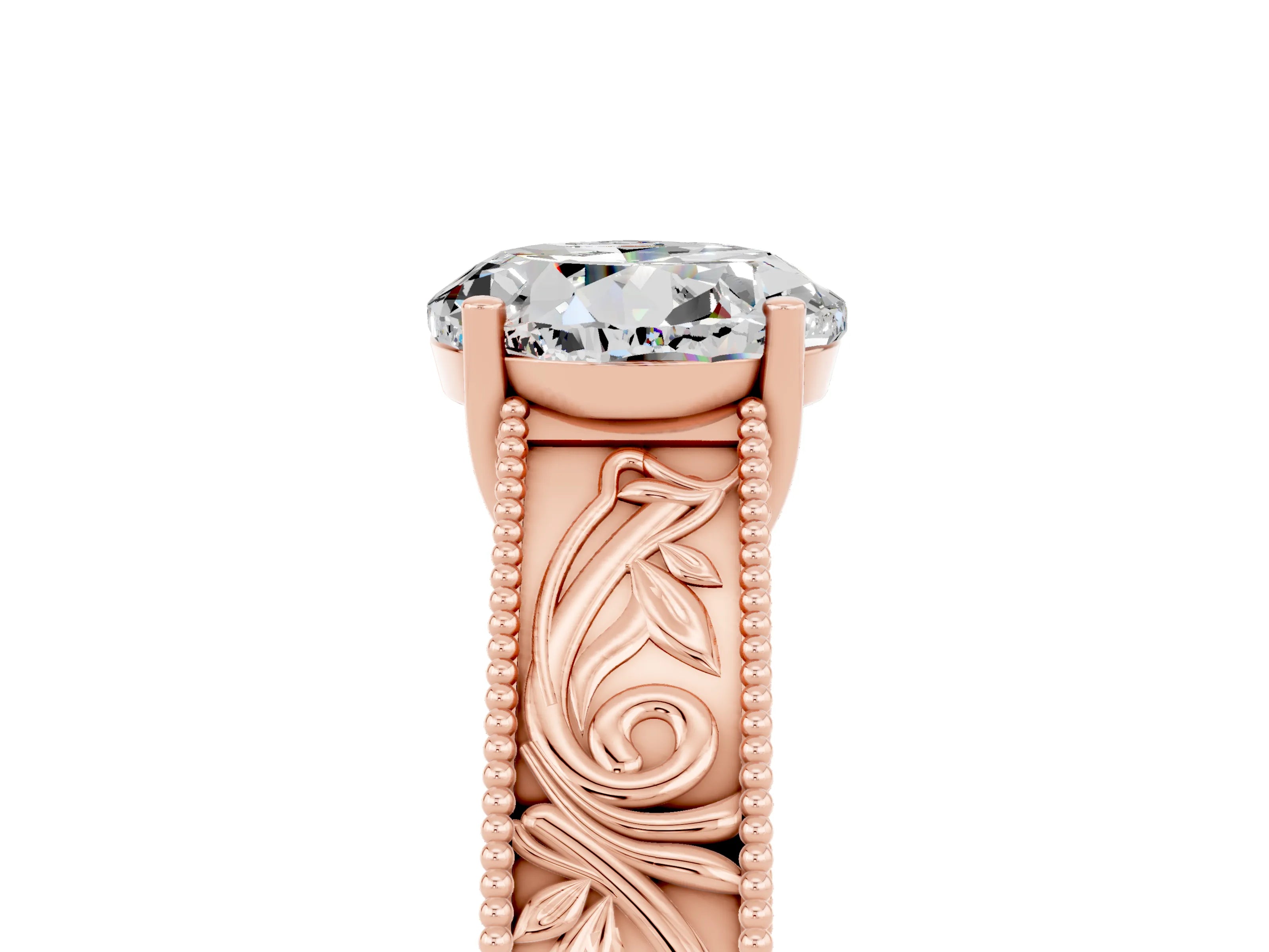 Rose gold Round Cut Moissanite Solitaire Ring with Engraved Band and Four-Prong Setting_5