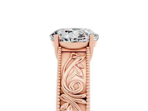 Rose gold Round Cut Moissanite Solitaire Ring with Engraved Band and Four-Prong Setting_5