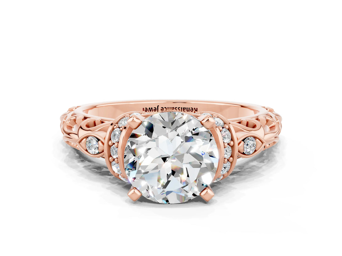 Rose gold Round Cut Moissanite Solitaire Ring with Filigree Band and Four-Prong Setting_24