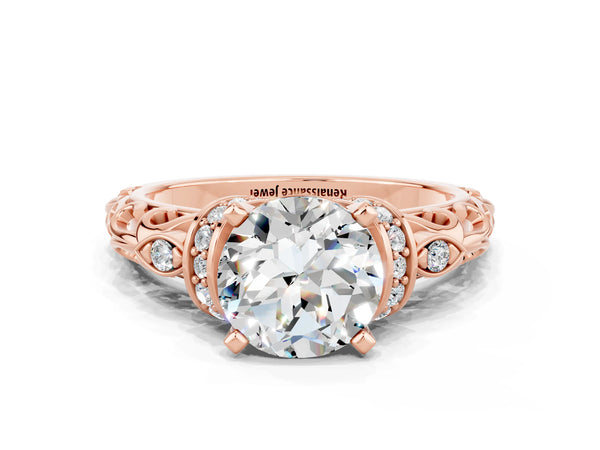 Rose gold Round Cut Moissanite Solitaire Ring with Filigree Band and Four-Prong Setting