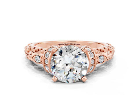 Rose gold Round Cut Moissanite Solitaire Ring with Filigree Band and Four-Prong Setting_24