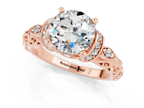 Rose gold Round Cut Moissanite Solitaire Ring with Filigree Band and Four-Prong Setting_25