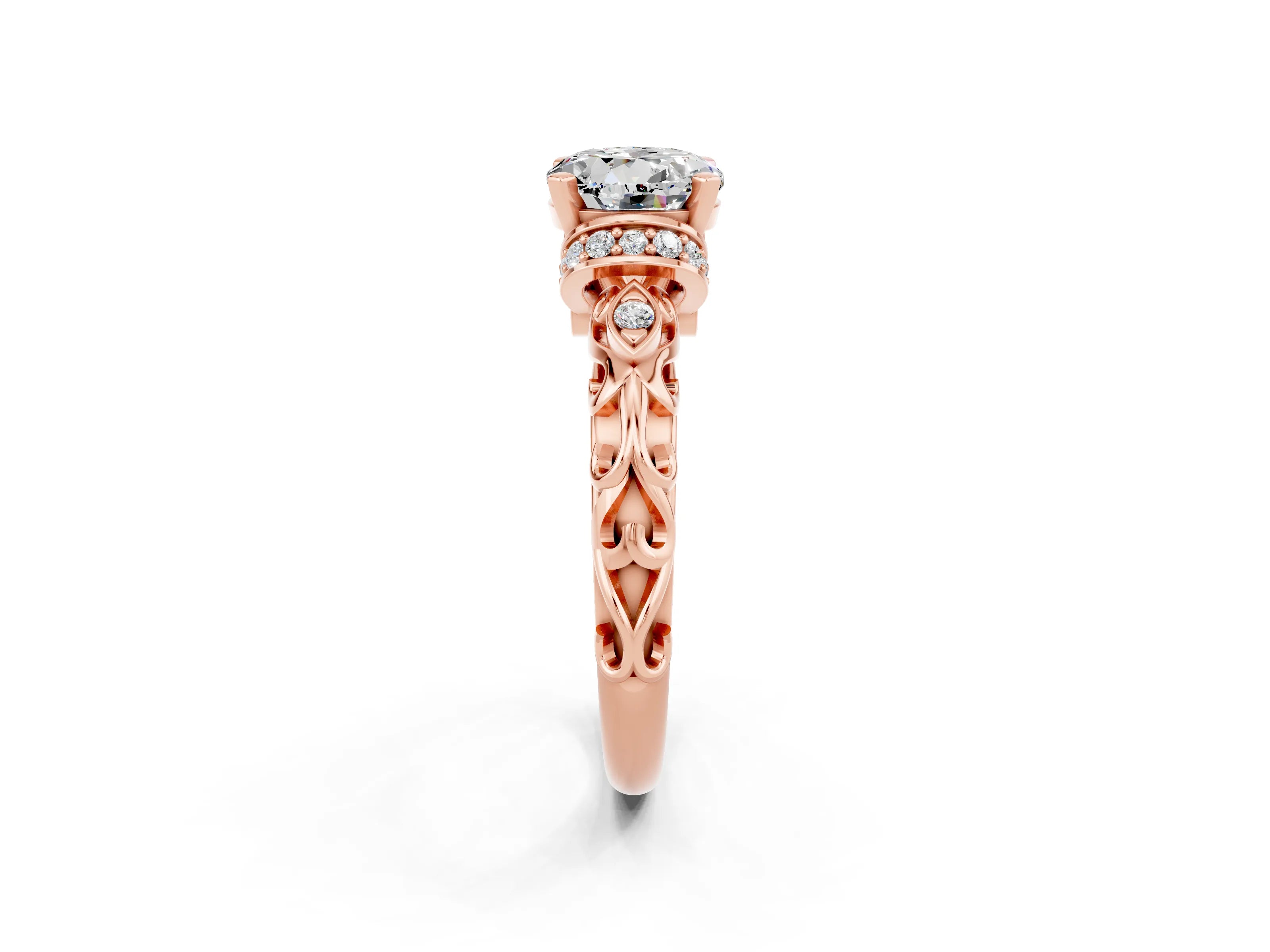 Rose gold Round Cut Moissanite Solitaire Ring with Filigree Band and Four-Prong Setting_26