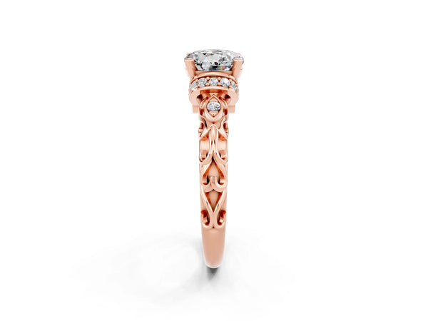 Rose gold Round Cut Moissanite Solitaire Ring with Filigree Band and Four-Prong Setting