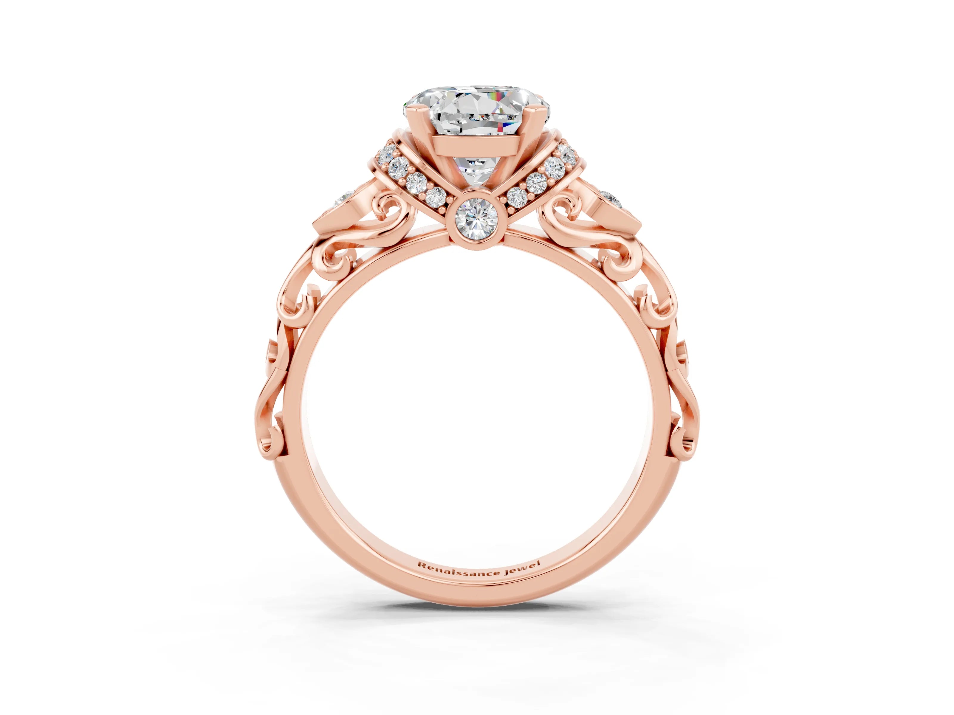 Rose gold Round Cut Moissanite Solitaire Ring with Filigree Band and Four-Prong Setting_27