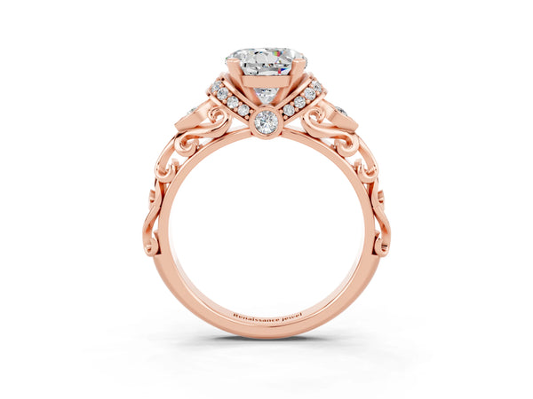 Rose gold Round Cut Moissanite Solitaire Ring with Filigree Band and Four-Prong Setting