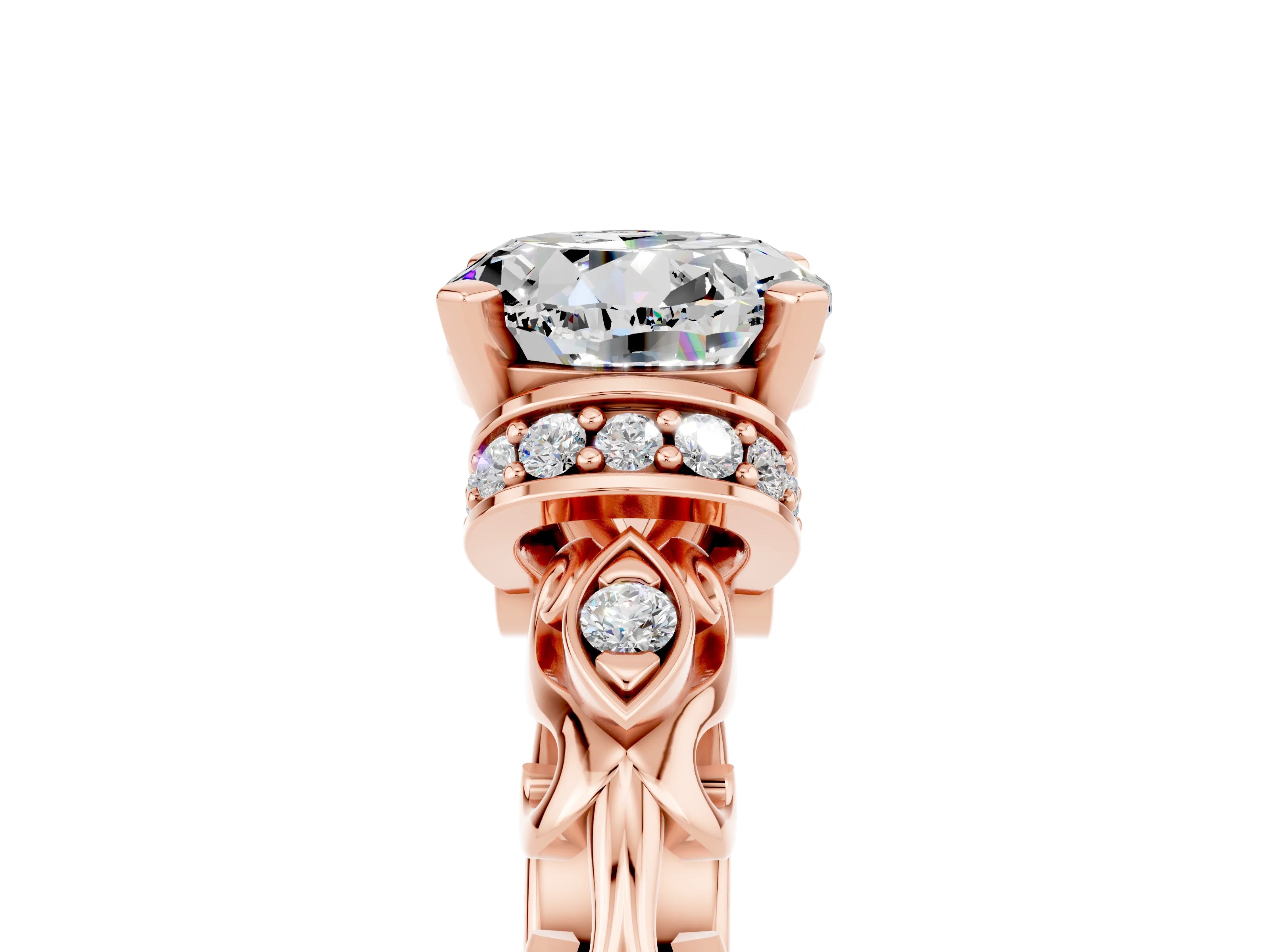 Rose gold Round Cut Moissanite Solitaire Ring with Filigree Band and Four-Prong Setting_29