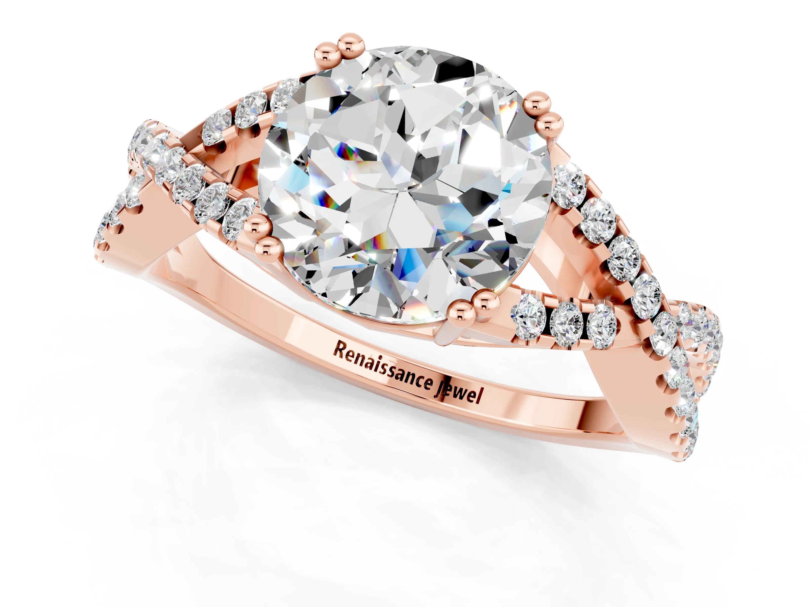 Rose gold Round Cut Moissanite Solitaire Ring with Four-Prong Setting and Twisted Pavé Band_1