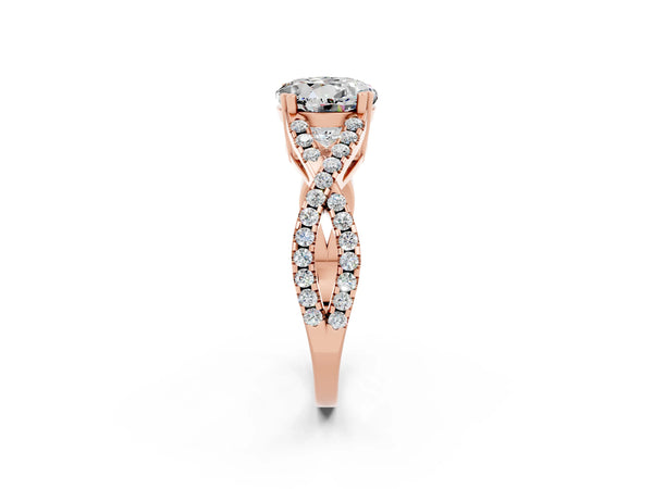 Rose gold Round Cut Moissanite Solitaire Ring with Four-Prong Setting and Twisted Pavé Band