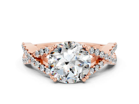 Rose gold Round Cut Moissanite Solitaire Ring with Four-Prong Setting and Twisted Pavé Band