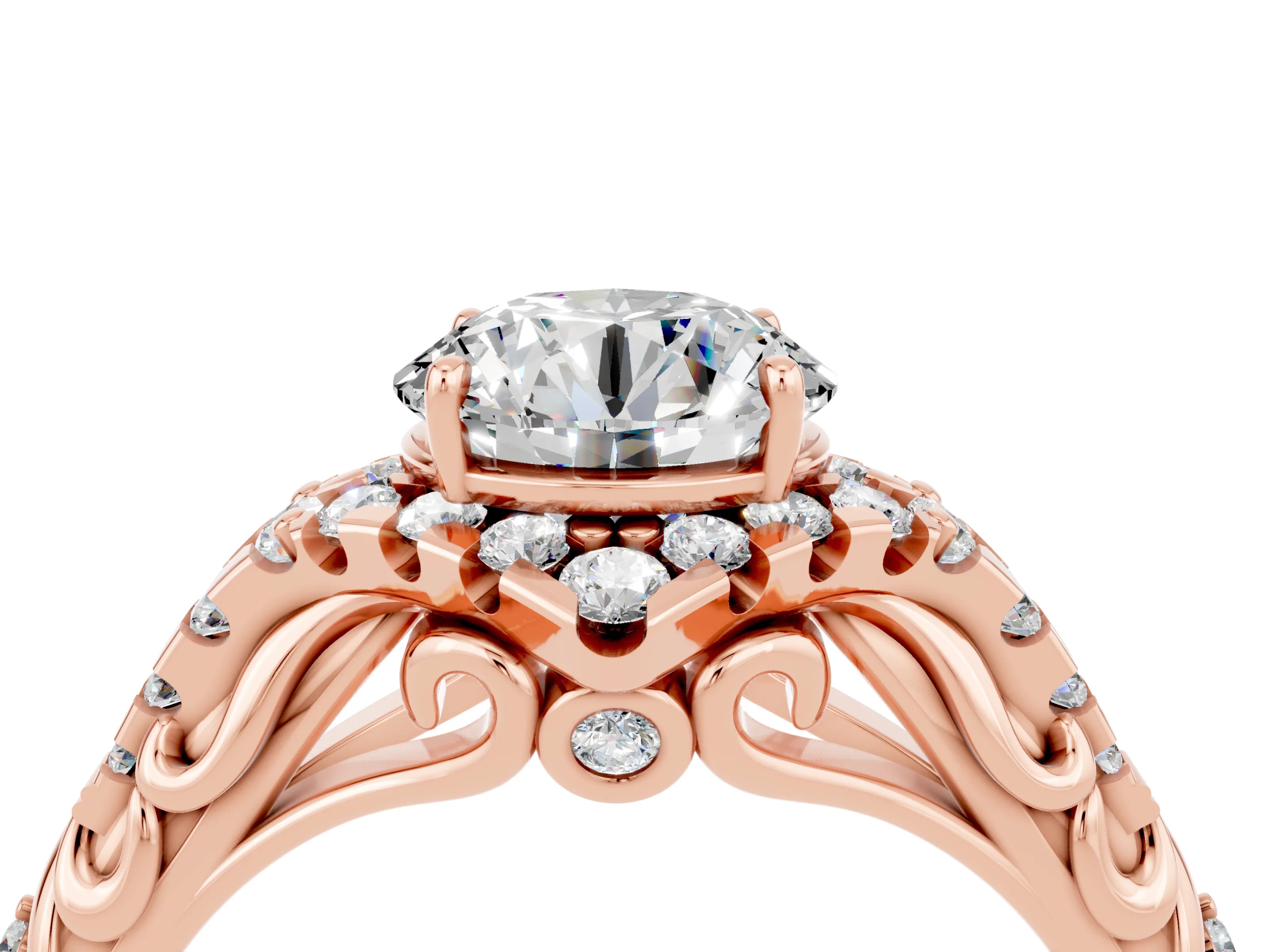 Rose gold Round Cut Moissanite Solitaire Ring with Hidden Halo and Pavé Band_16