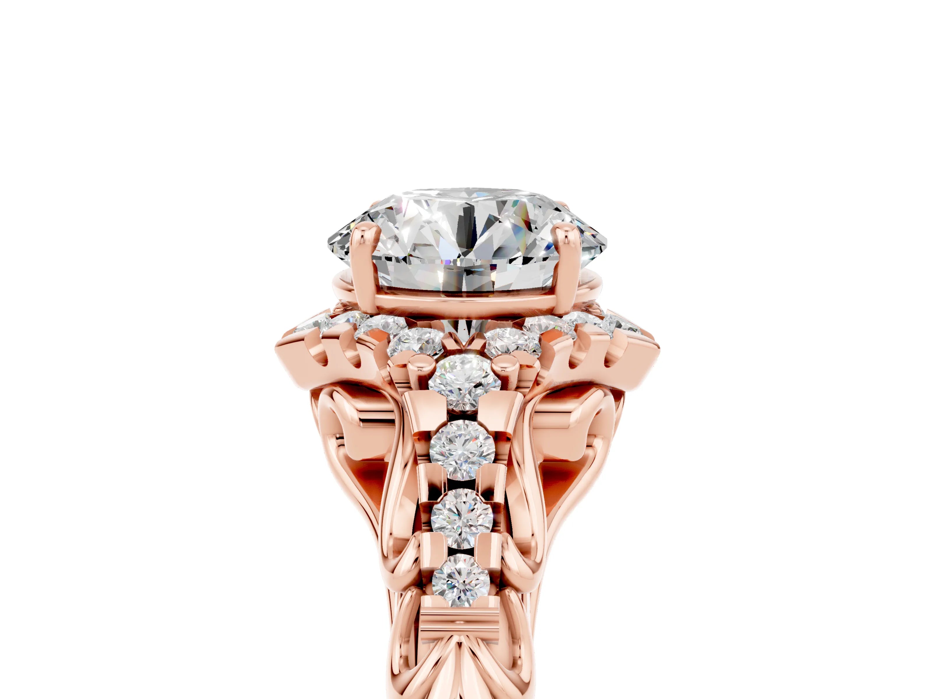 Rose gold Round Cut Moissanite Solitaire Ring with Hidden Halo and Pavé Band_17
