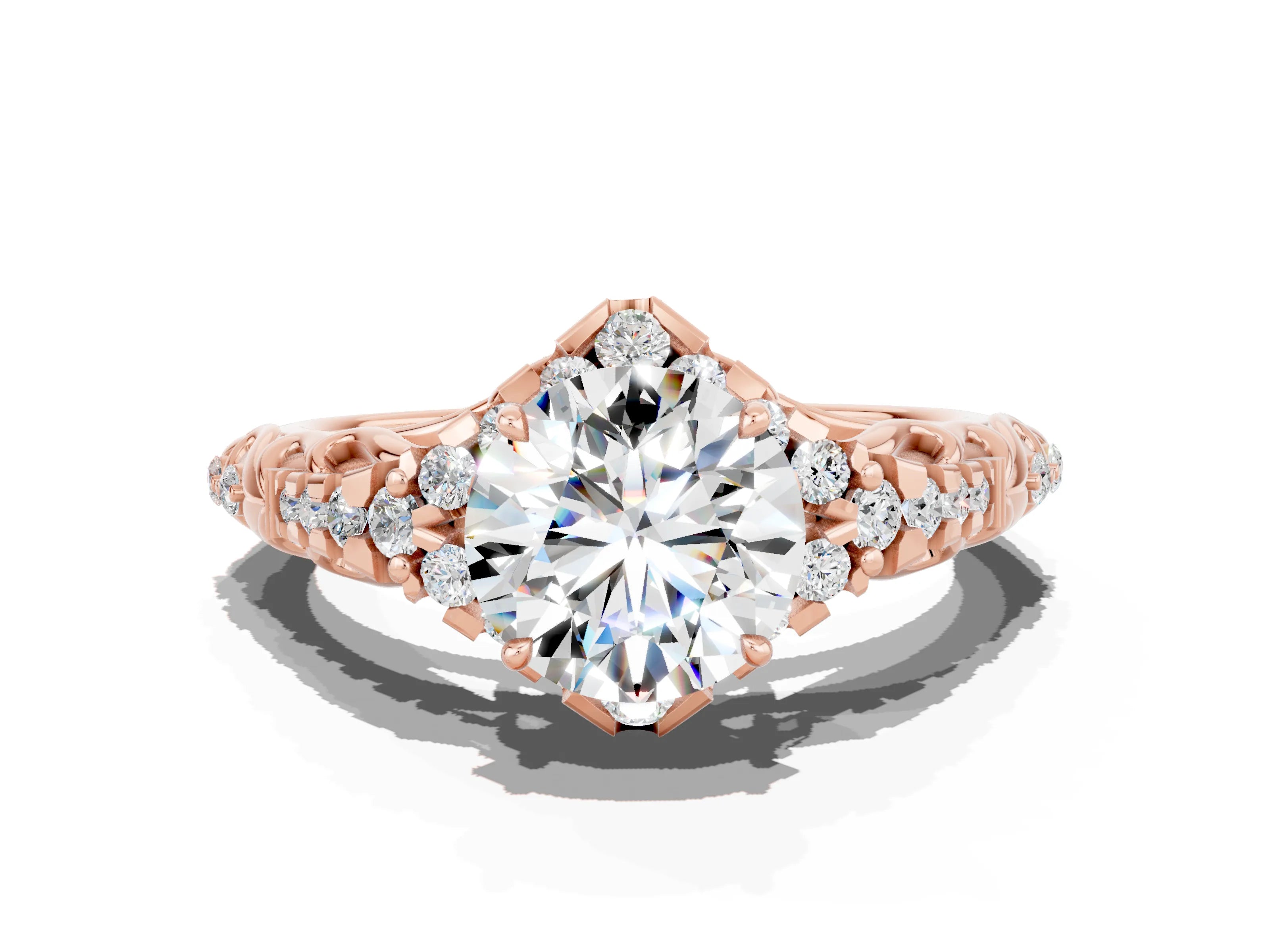 Rose gold Round Cut Moissanite Solitaire Ring with Hidden Halo and Pavé Band_22