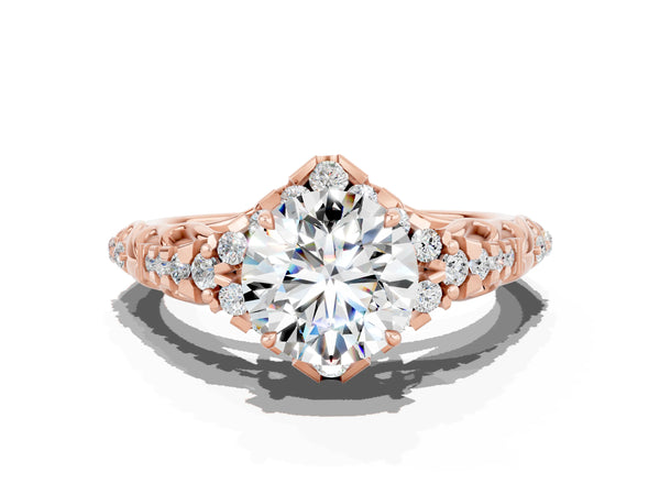 Rose gold Round Cut Moissanite Solitaire Ring with Hidden Halo and Pavé Band