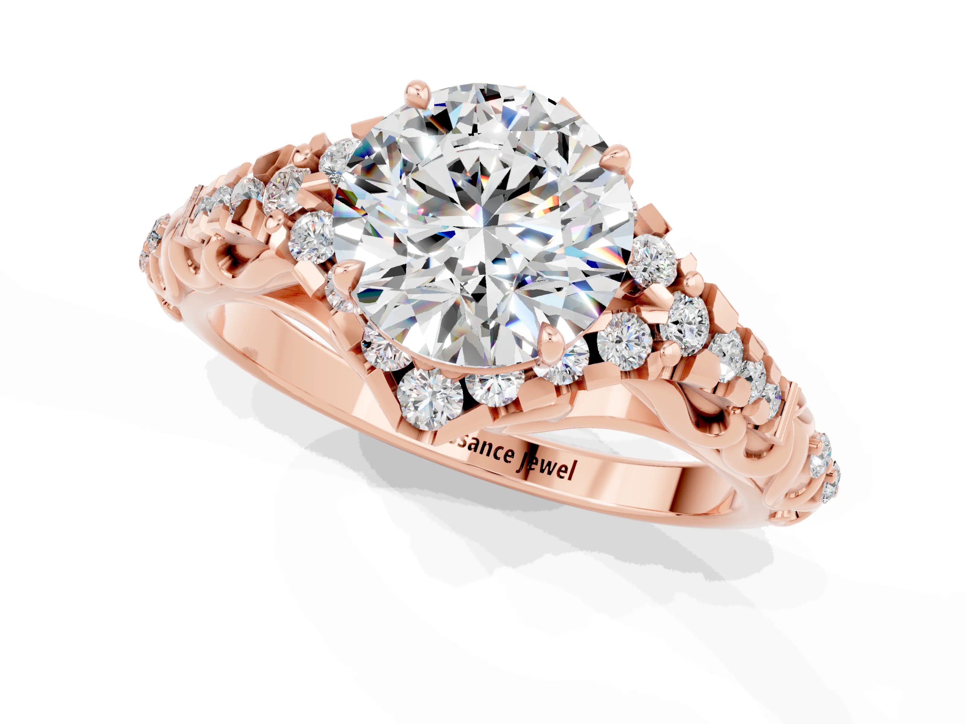 Rose gold Round Cut Moissanite Solitaire Ring with Hidden Halo and Pavé Band_23
