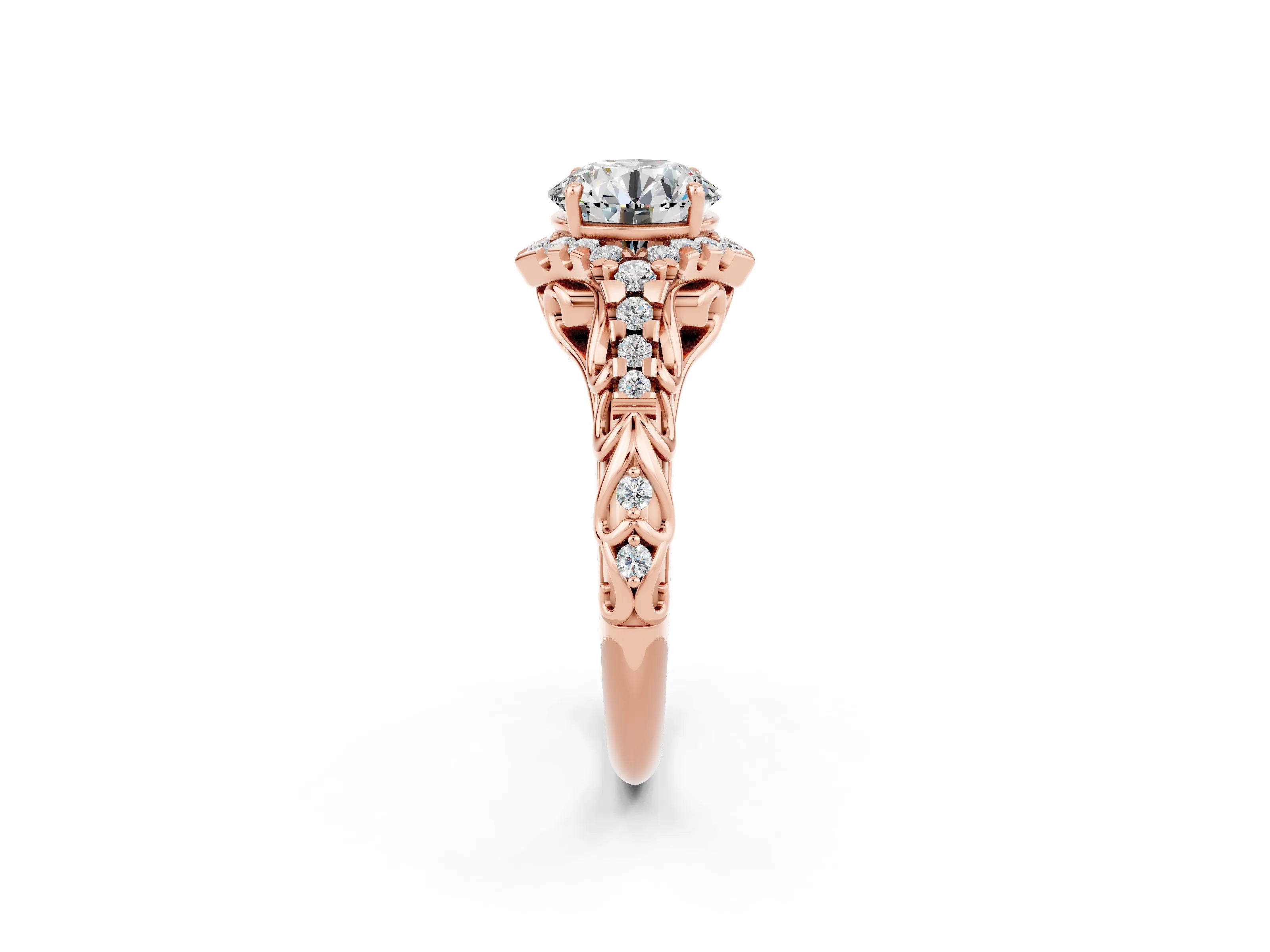 Rose gold Round Cut Moissanite Solitaire Ring with Hidden Halo and Pavé Band_24