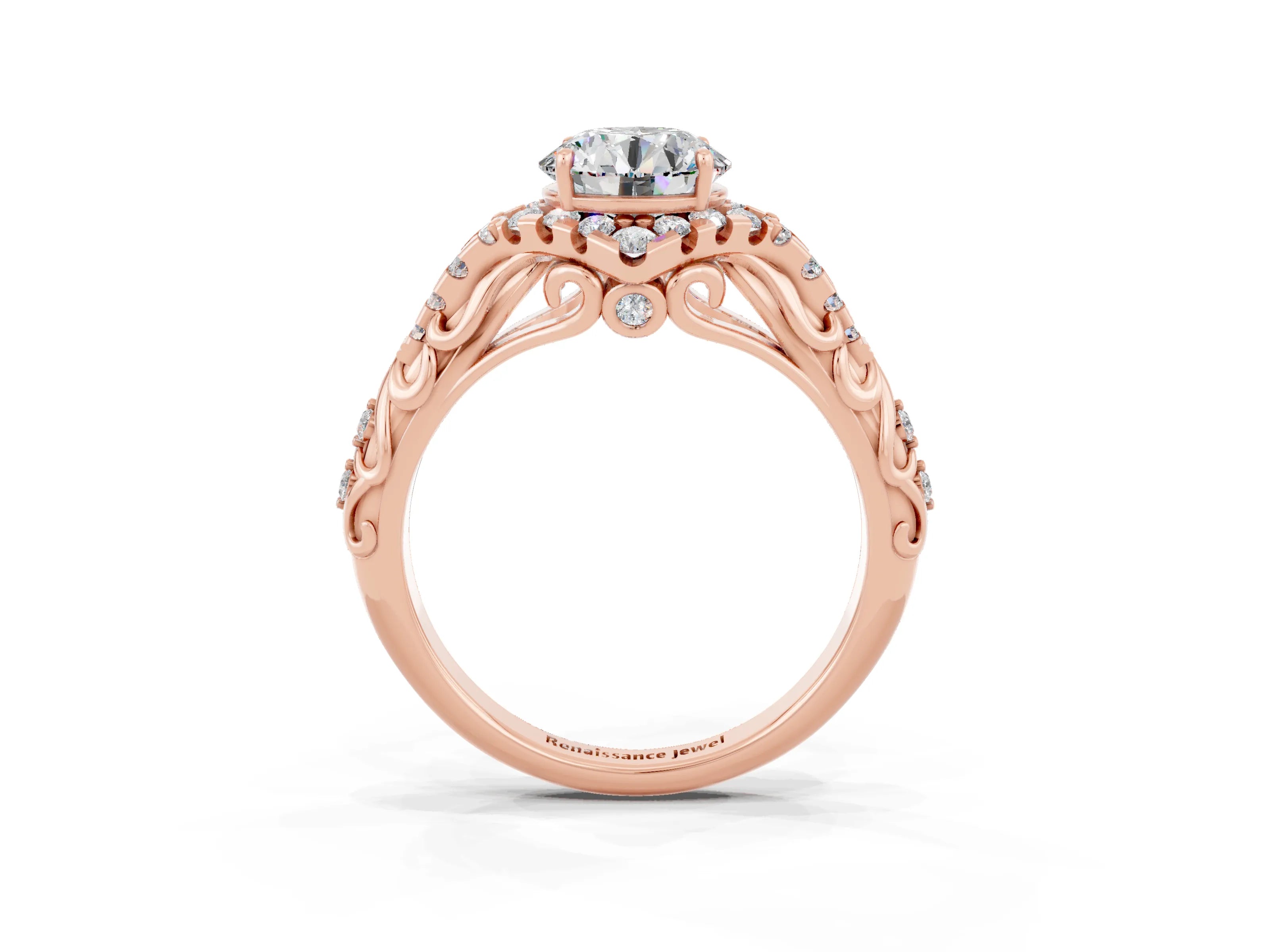 Rose gold Round Cut Moissanite Solitaire Ring with Hidden Halo and Pavé Band_25