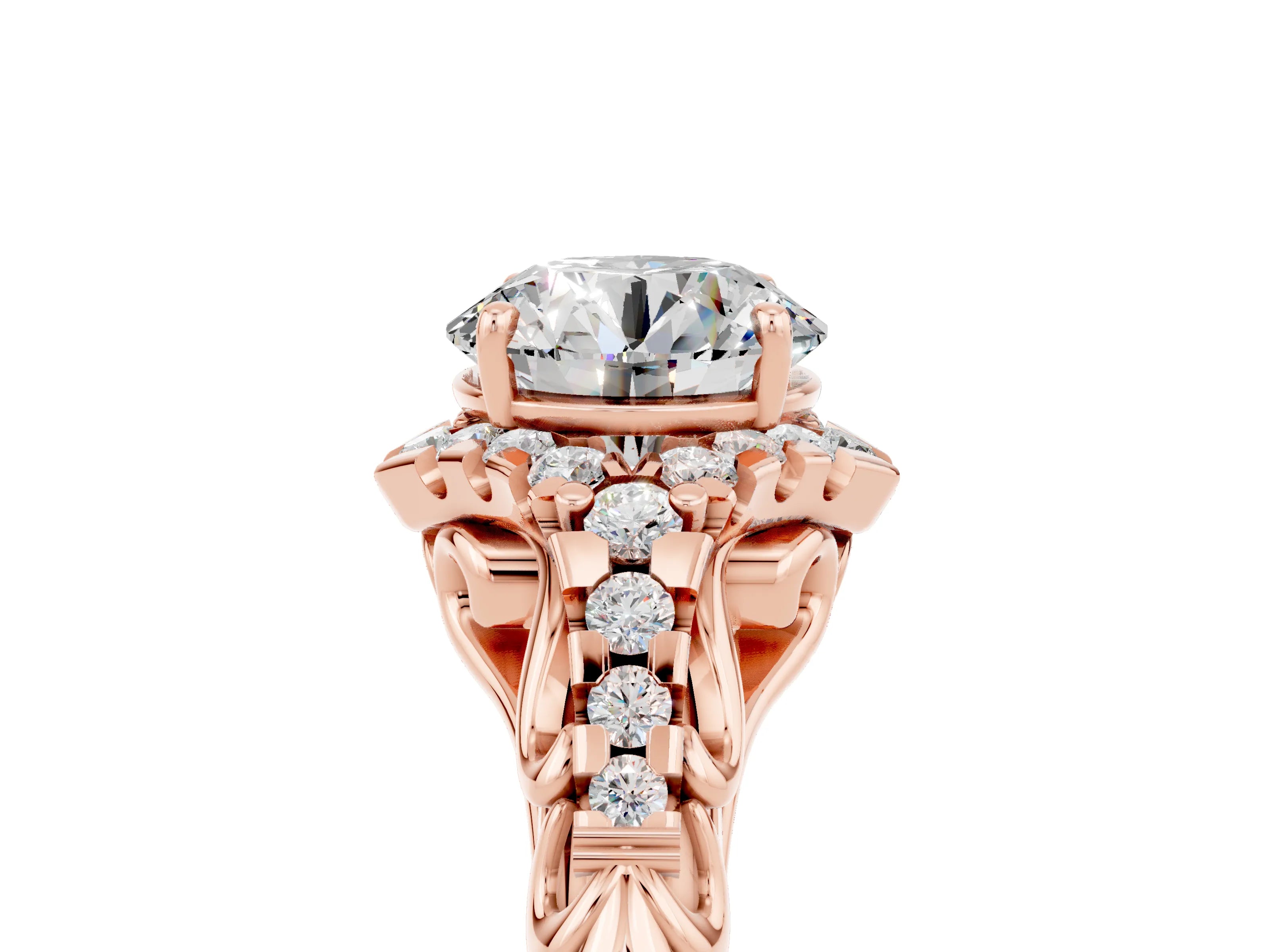 Rose gold Round Cut Moissanite Solitaire Ring with Hidden Halo and Pavé Band_27