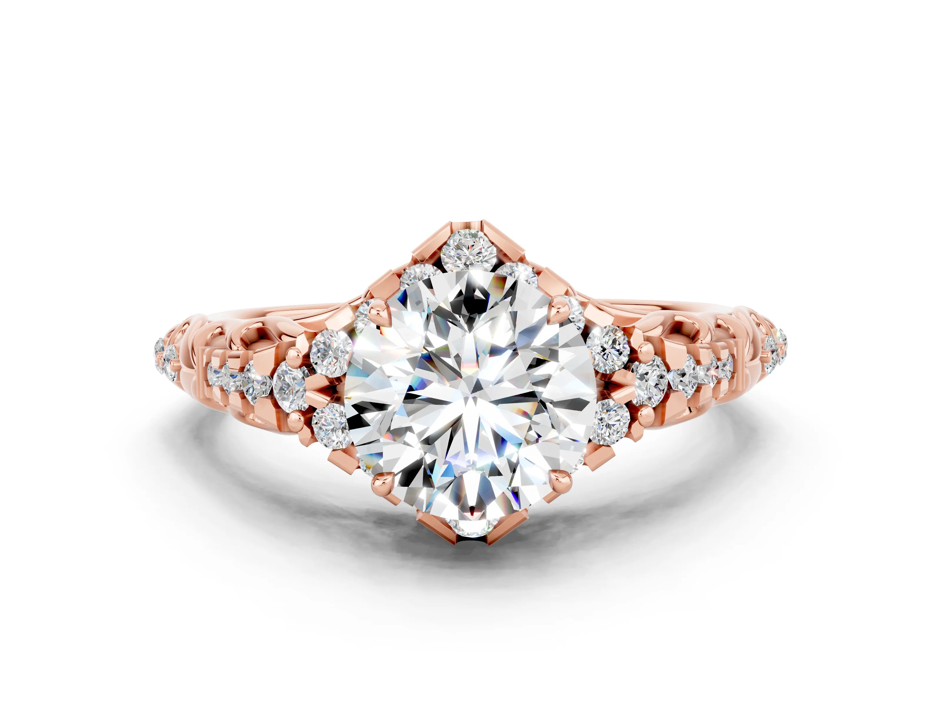 Rose gold Round Cut Moissanite Solitaire Ring with Hidden Halo and Pavé Band_36