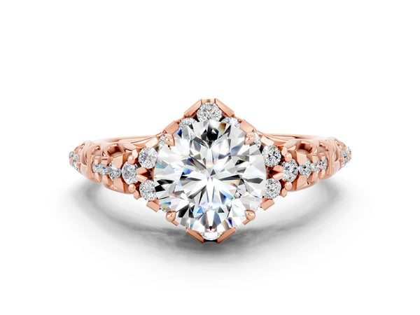 Rose gold Round Cut Moissanite Solitaire Ring with Hidden Halo and Pavé Band
