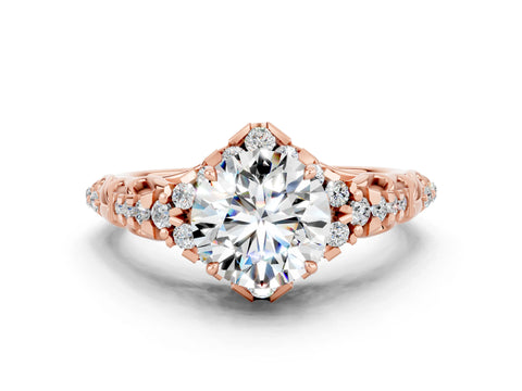 Rose gold Round Cut Moissanite Solitaire Ring with Hidden Halo and Pavé Band_36