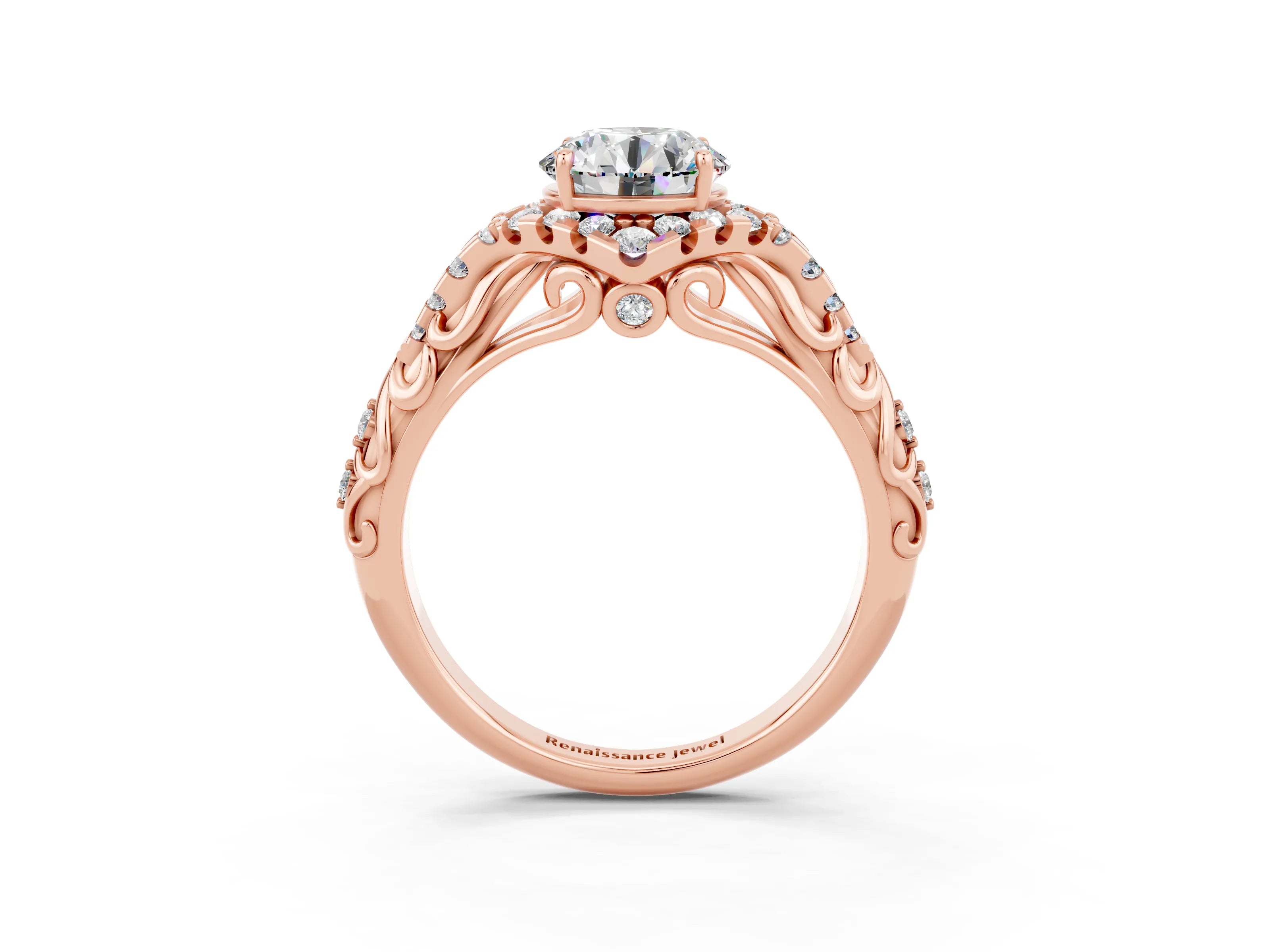 Rose gold Round Cut Moissanite Solitaire Ring with Hidden Halo and Pavé Band_39