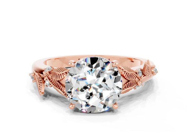 Rose gold Round Cut Moissanite Solitaire Ring with Leaf Motif Band and Four-Prong Setting