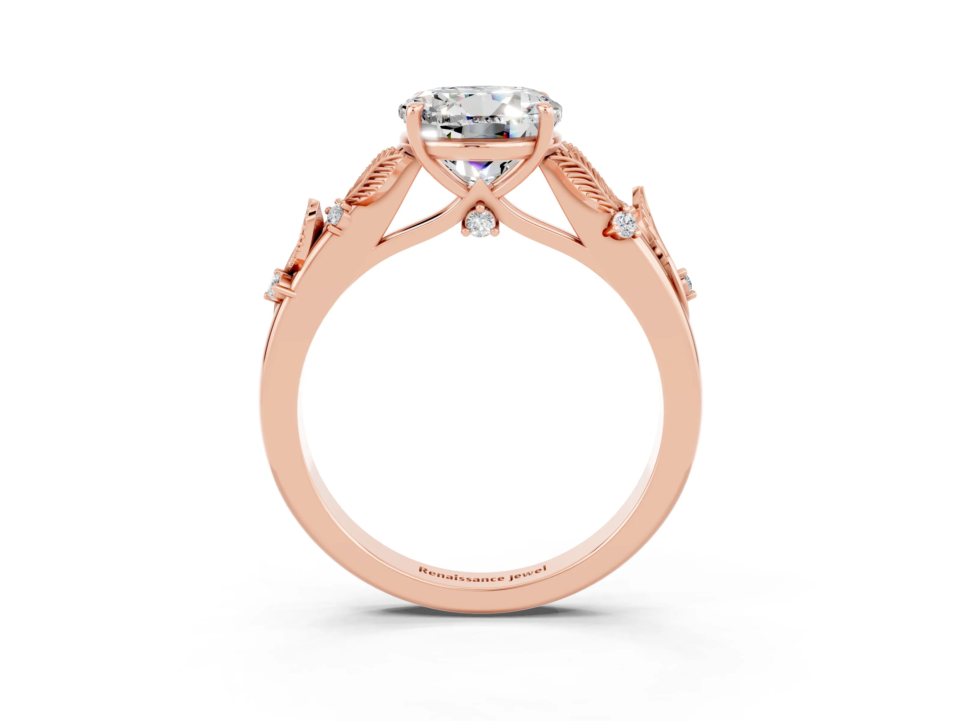Rose gold Round Cut Moissanite Solitaire Ring with Leaf Motif Band and Four-Prong Setting_3
