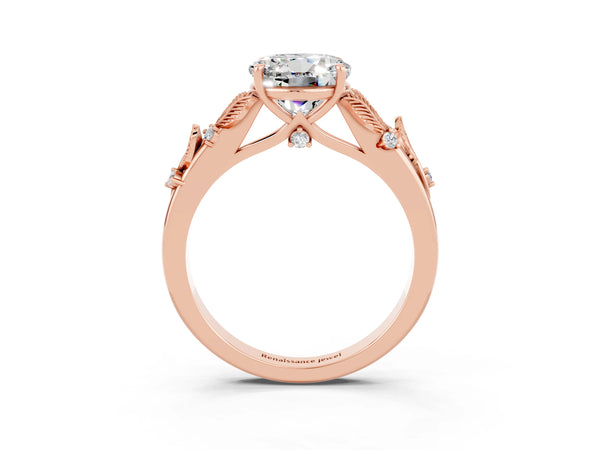 Rose gold Round Cut Moissanite Solitaire Ring with Leaf Motif Band and Four-Prong Setting
