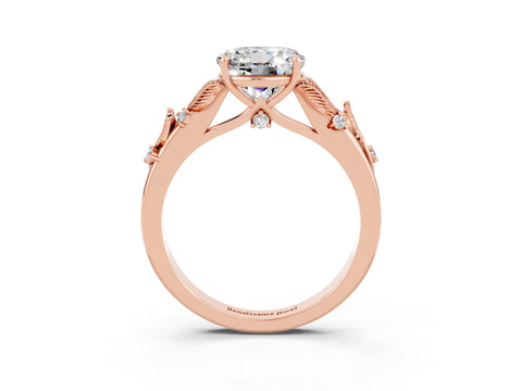 Rose gold Round Cut Moissanite Solitaire Ring with Leaf Motif Band and Four-Prong Setting_3