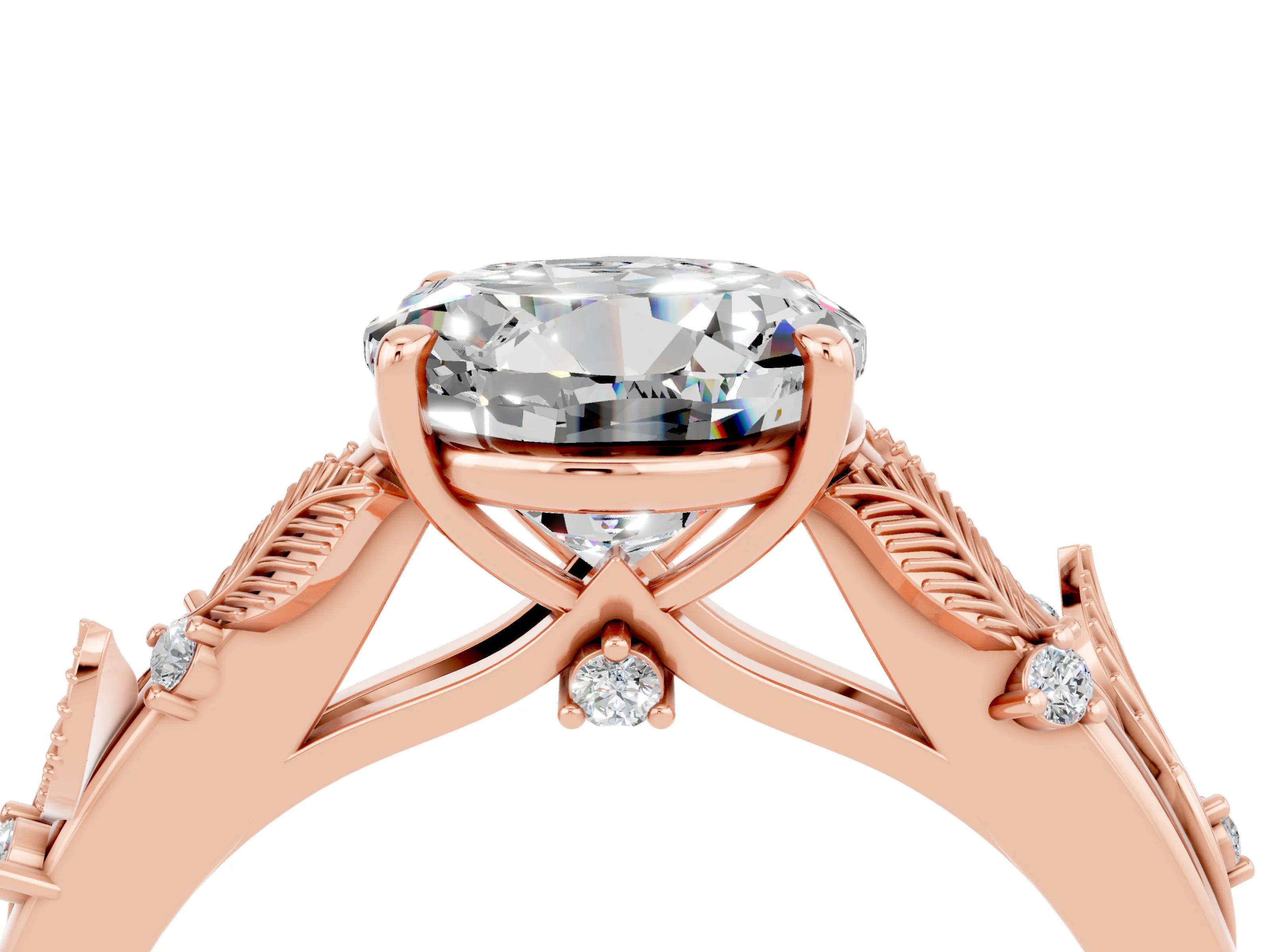 Rose gold Round Cut Moissanite Solitaire Ring with Leaf Motif Band and Four-Prong Setting_4